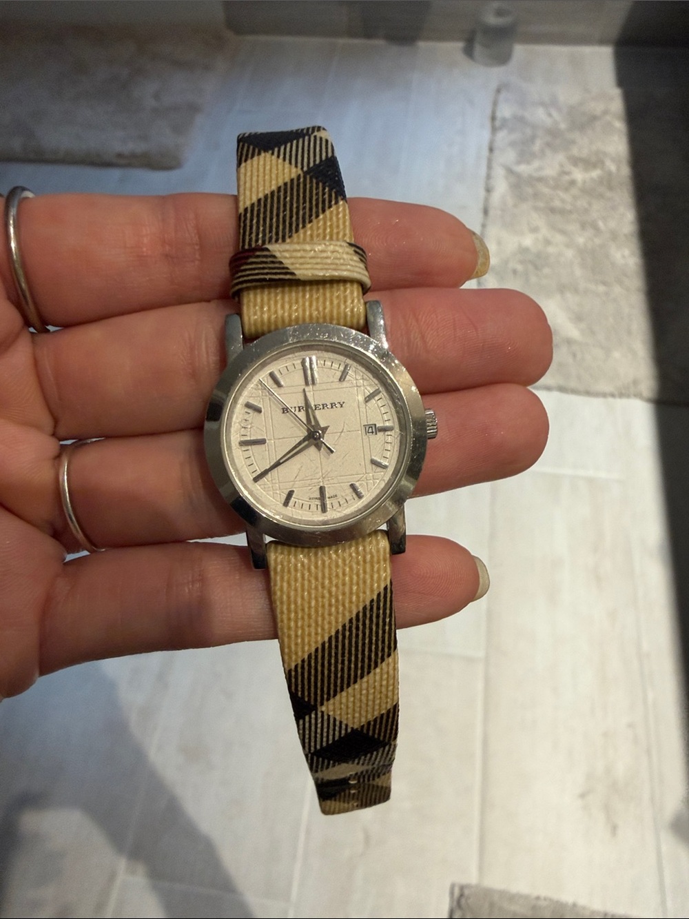 Burberry Beige Plaid Strap Watch with Silver Case